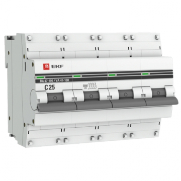 Автоматический выключатель EKF PROXIMA ВА 47-100 4Р 25А 10кА (х-ка C) mcb47100-4-25C-pro