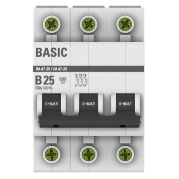 Автоматический выключатель EKF Basic ВА 47-29 3Р 25А 4,5кА (х-ка B) mcb4729-3-25-B
