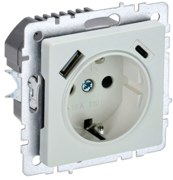 Зарядка USB (А+C) 18Вт с розеткой 16А BRITE жемчуг РЮш11-1-БрЖ BR-R14-16-U22-018-K36