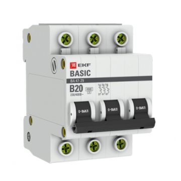 Автоматический выключатель EKF Basic ВА 47-29 3Р 20А 4,5кА (х-ка B) mcb4729-3-20-B