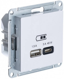 Розетка USB AtlasDesign тип А/тип С 45W высокоскор.заряд. QC, PD (белый) ATN000129