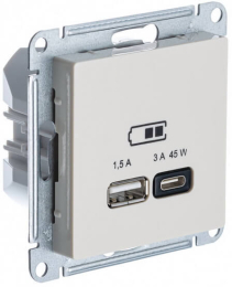 Розетка USB AtlasDesign тип А/тип С 45W высокоскор.заряд. QC, PD (бежевый) ATN000229