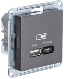 Розетка USB AtlasDesign тип А/тип С 45W высокоскор.заряд. QC, PD (мокко) ATN000629