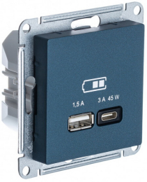 Розетка USB AtlasDesign тип А/тип С 45W высокоскор.заряд. QC, PD (изумруд) ATN000829
