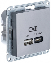 Розетка USB AtlasDesign тип А/тип С 45W высокоскор.заряд. QC, PD (сталь) ATN000929