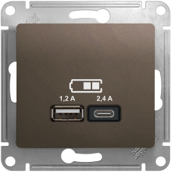 Розетка USB Glossa тип А+С 5В/2,4 А, 2х5В/1,2 А (шоколад) GSL000839