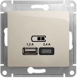 Розетка USB Glossa тип А+С 5В/2,4 А, 2х5В/1,2 А (молочный) GSL000939