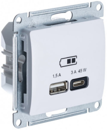 Розетка USB Glossa тип А/тип С 45W высокоскор.заряд. QC, PD (белый) GSL000129