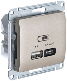 Розетка USB Glossa тип А/тип С 45W высокоскор.заряд. QC, PD (титан) GSL000429