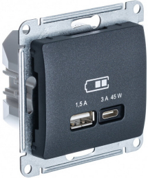 Розетка USB Glossa тип А/тип С 45W высокоскор.заряд. QC, PD (антрацит) GSL000729