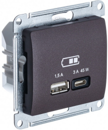 Розетка USB Glossa тип А/тип С 45W высокоскор.заряд. QC, PD (шоколад) GSL000829