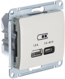 Розетка USB Glossa тип А/тип С 45W высокоскор.заряд. QC, PD (молочный) GSL000929
