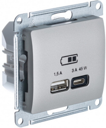 Розетка USB Glossa тип А/тип С 45W высокоскор.заряд. QC, PD (платина) GSL001229