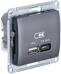 Розетка USB Glossa тип А/тип С 45W высокоскор.заряд. QC, PD (графит) GSL001329