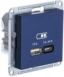 Розетка USB AtlasDesign тип А/тип С 45W высокоскор.заряд. QC, PD (аквамарин) ATN001129