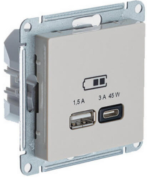 Розетка USB AtlasDesign тип А/тип С 45W высокоскор.заряд. QC, PD (песочный) ATN001229