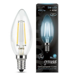 Светодиодная лампа Gauss LED Filament свеча 5Вт. Е14 (естественный белый свет) 103801205