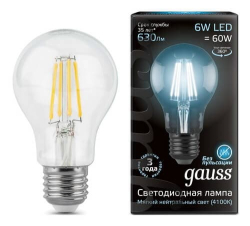Светодиодная лампа Gauss LED Filament груша 6Вт. Е27 (естественный белый свет) 102802206