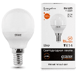 Светодиодная лампа Gauss LED Elementary шар 6Вт. Е14 (теплый свет) 53116