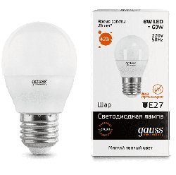 Светодиодная лампа Gauss LED Elementary шар 6Вт. Е27 (теплый свет) 53216