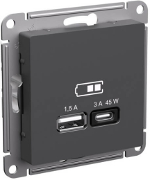 Розетка USB AtlasDesign тип А/тип С 45W высокоскор.заряд. QC, PD (базальт) ATN001429