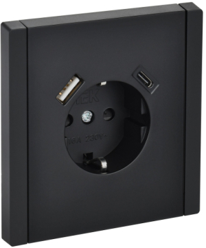Зарядка USB (А+С) с розеткой IEK FORTE&PIANO 18Вт FP147 (черный) FP-R14-16-U22-018-K02