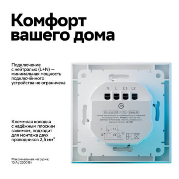 Выключатель двухклавишный с подсветкой AtlasDesign Smart Zigbee (белый) ATN000153Z