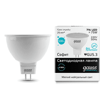 Светодиодная лампа Gauss LED Elementary 7Вт. GU 5.3 220V MR16 (естественный белый свет) 13527
