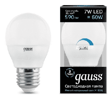 Светодиодная лампа Gauss LED шар 7Вт. Е27 диммируемая (естественный белый свет) 105102207-D