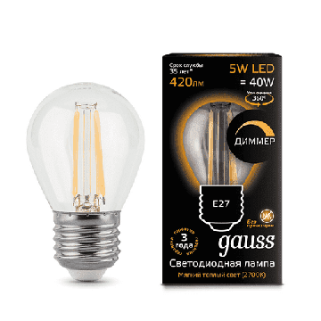 Светодиодная лампа Gauss LED Filament шар 5Вт. Е27 диммируемая (теплый свет) 105802105-D
