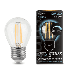 Светодиодная лампа Gauss LED Filament шар 5Вт. Е27 диммируемая (естественный белый свет) 105802205-D