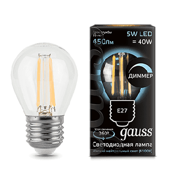 Светодиодная лампа Gauss LED Filament шар 5Вт. Е27 диммируемая (естественный белый свет) 105802205-D