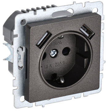 Зарядка USB (А+А) 2,1А с розеткой 16А BRITE темная бронза РЮш10-1-БрТБ BR-R14-16-U21-D21-K45