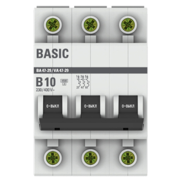 Автоматический выключатель EKF Basic ВА 47-29 3Р 10А 4,5кА (х-ка B) mcb4729-3-10-B