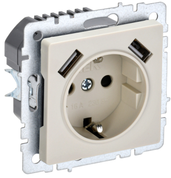 Зарядка USB (А+А) 2,1А с розеткой 16А BRITE бежевый РЮш10-1-БрКр BR-R14-16-U21-D21-K10