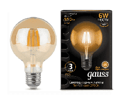 Светодиодная лампа Gauss LED Filament шар 6Вт. Е27 G95 Golden 105802006