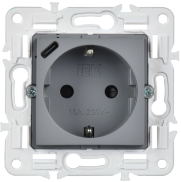 Розетка IEK SKANDY с/з со шторками 16А с USB C 18Вт SK-R17Gr (серый) SK-R14-16-U14-018-K03