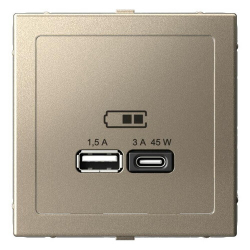 Розетка USB ArtGallery/AtlasDesign тип А/тип С высокоскор. заряд 45W QC PD (шампань) ATN000529+GAL000508