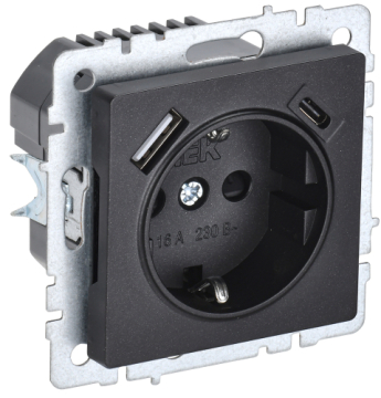 Зарядка USB (А+C) 18Вт с розеткой 16А BRITE черный РЮш11-1-БрЧ BR-R14-16-U22-018-K02