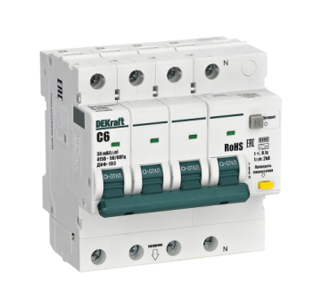 Дифференциальный автомат DEKraft ДИФ-103 New 3P+N 6А 30мА тип A 6 kA (х-ка C) 16426DEK
