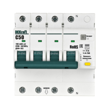 Дифференциальный автомат DEKraft ДИФ-103 New 3P+N 50А 100мА тип A 6 kA (х-ка C) 16442DEK