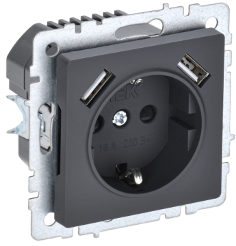 Зарядка USB (А+А) 3,1А с розеткой 16А BRITE графит РЮш10-2-БрГ BR-R14-16-U21-D31-K53