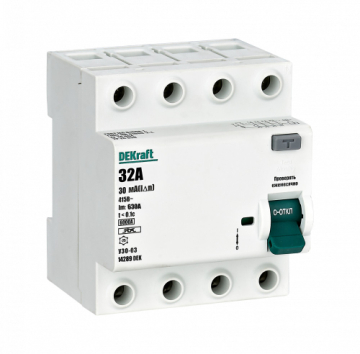 ВДТ DEKraft серии УЗО-03 4P 32A 30mA тип A 6kA 14289DEK