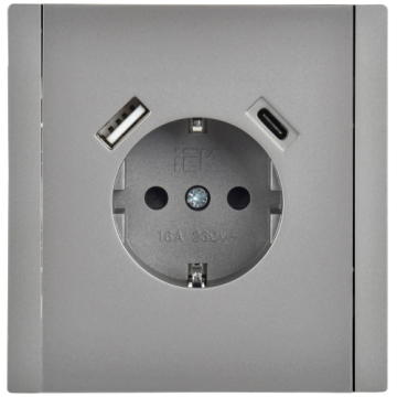 Зарядка USB (А+С) с розеткой IEK FORTE&PIANO 18Вт FP547 (сталь) FP-R14-16-U22-018-K46