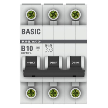 Автоматический выключатель EKF Basic ВА 47-29 3Р 10А 4,5кА (х-ка B) mcb4729-3-10-B