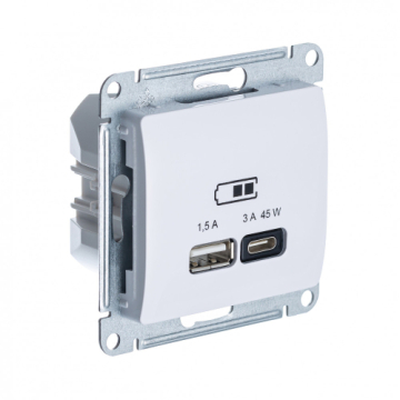 Розетка USB Glossa тип А/тип С 45W высокоскор.заряд. QC, PD (белый) GSL000129
