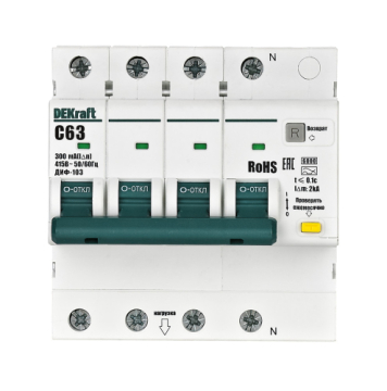 Дифференциальный автомат DEKraft ДИФ-103 3P+N 63А 300мА тип AC 6 kA (х-ка C) 16425DEK