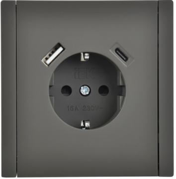 Зарядка USB (А+С) с розеткой IEK FORTE&PIANO 18Вт FP347 (серый) FP-R14-16-U22-018-K03