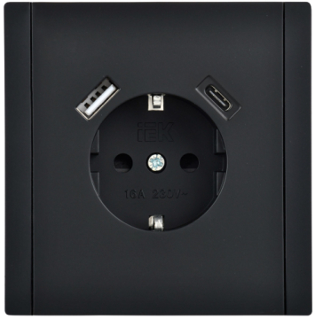 Зарядка USB (А+С) с розеткой IEK FORTE&PIANO 18Вт FP147 (черный) FP-R14-16-U22-018-K02
