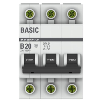 Автоматический выключатель EKF Basic ВА 47-29 3Р 20А 4,5кА (х-ка B) mcb4729-3-20-B